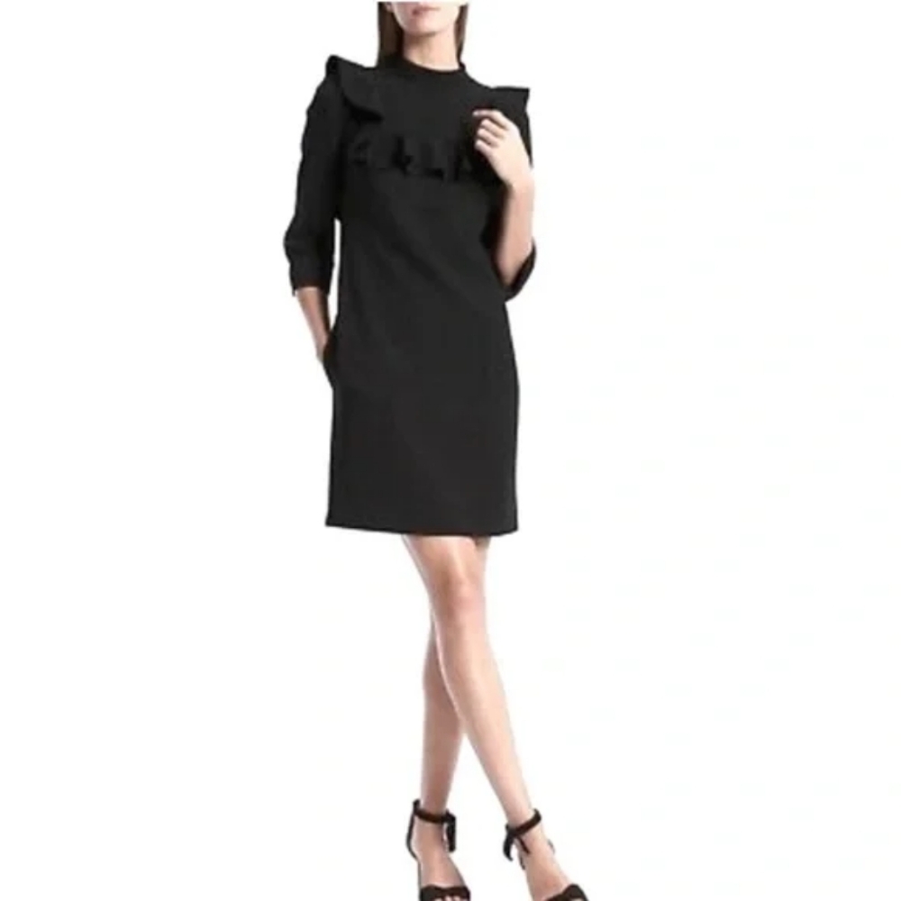 Banana Republic Black Ruffle Yoke Bi-Stretch Mini Dress 3/4 Sleeve - Size 0